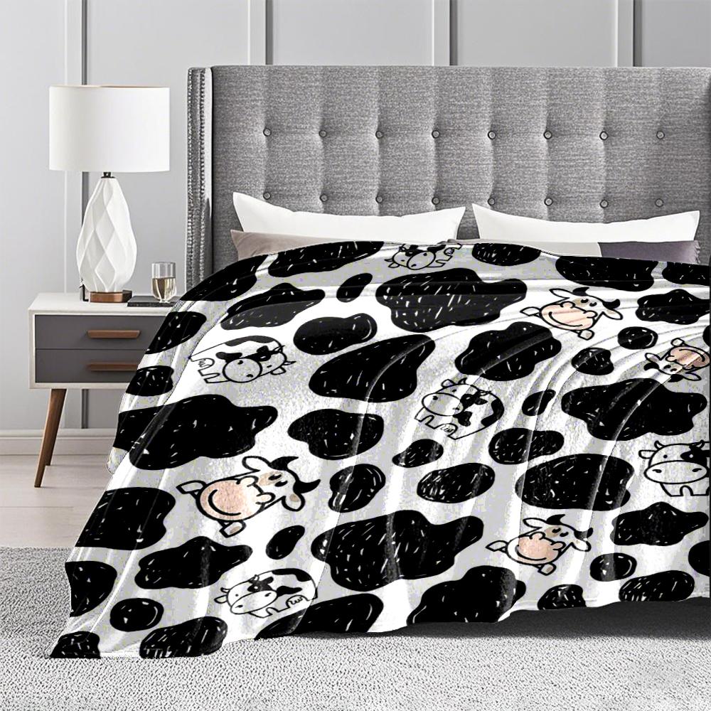 Cartoon Cows with Black Spots DesignFlannel Blanket for Bedroom, Living Room, Sofa, and Nap