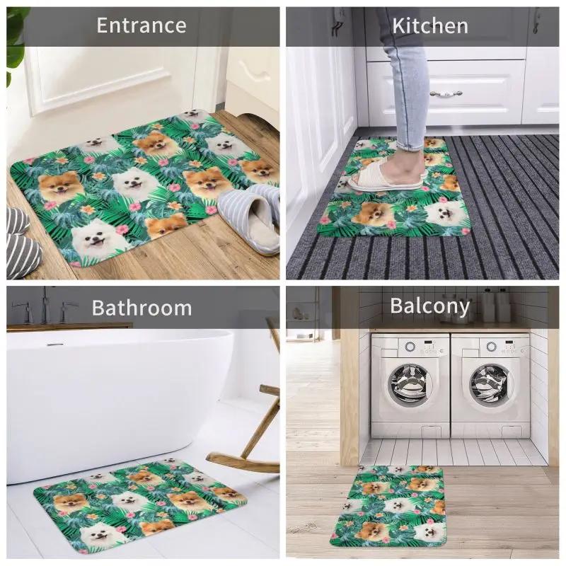 Pomeranian Dog With Summer Leaf Doormat Non-Slip Kitchen Bathroom Mat Garden Garage Floor Door Entrance Carpet Rug