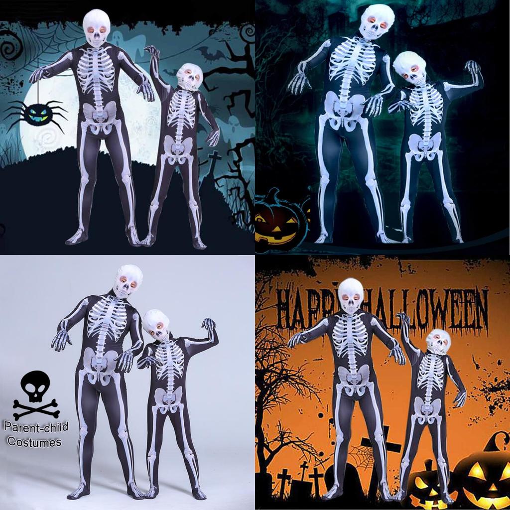 Unisex Parent-child Skeleton Man Costume Jumpsuit With Spooky Mask For Halloween Fun