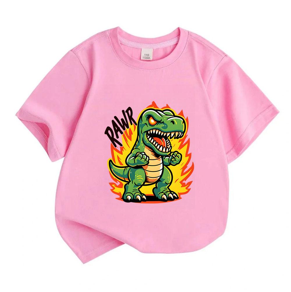 Kids Boys Girls 100% Cotton Crew Neck Short Sleeve T-Shirt, Cute Angry T-Rex Dinosaur Rawr Print Casual Comfortable Tees for Children Daily Wear