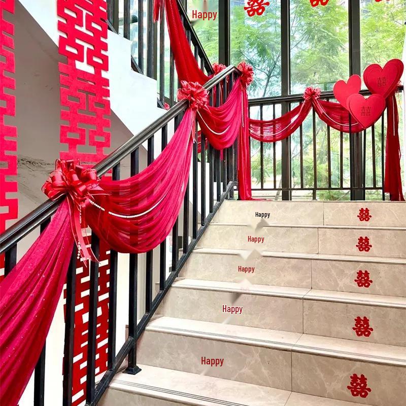 Chinese Wedding Double Happiness Stair Decor Set - Stickers, Flowers, Banners, Lanterns