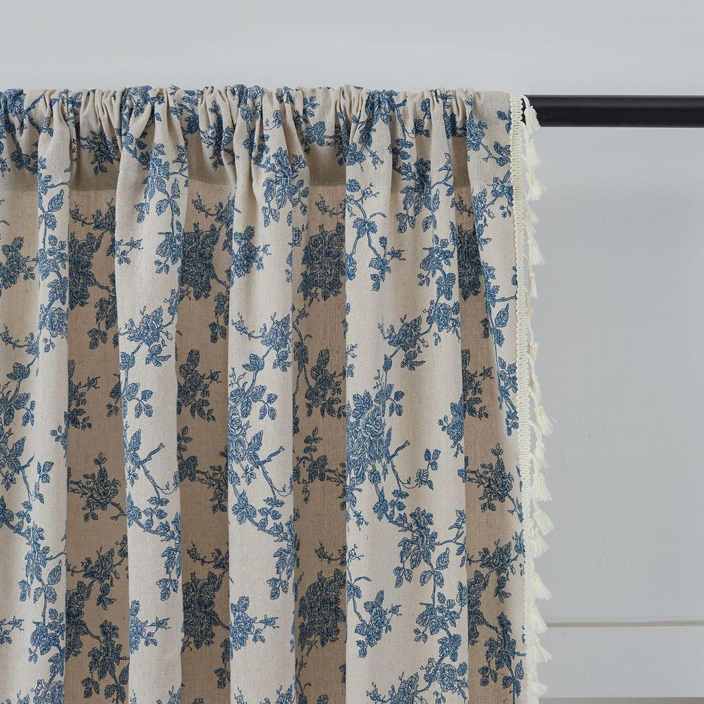 North American Style Cotton Linen Printed Curtains with Tassels, No-Drill Rod Pocket for Balcony or Bay Windows