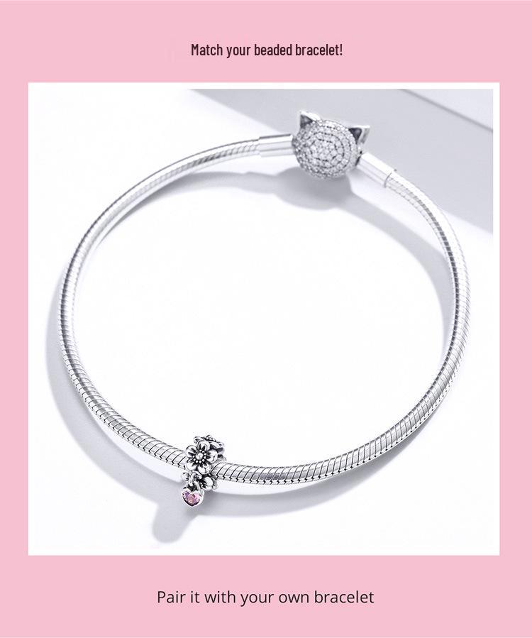 Original DIY Pink Flower S925 Silver Beaded Bracelet Jewelry Accessory SCC1485