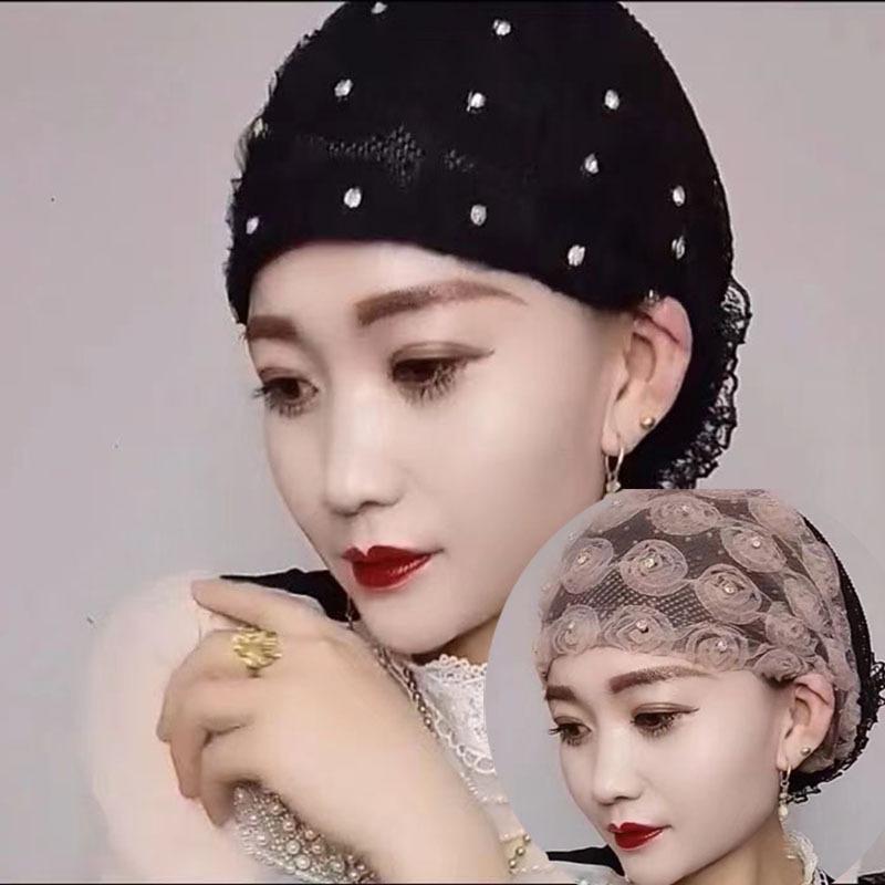 Beautiful Diamonds Flower Women'S Lace Turban Hat Breathable Mesh Summer Muslim Headwear Hat Female Daily Beanie Hair Wraps