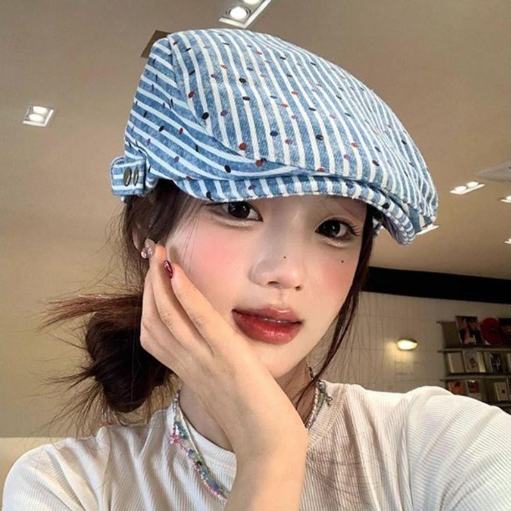 Vintage Stripped Berets Korean Painter Cap Fashion Polka Dot Beret Women