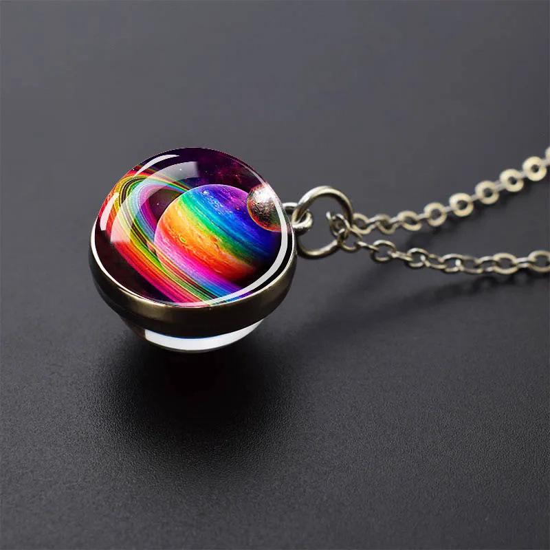 Galaxy Necklace: Solar System Planets & Moon Spherical Crystal Pendant