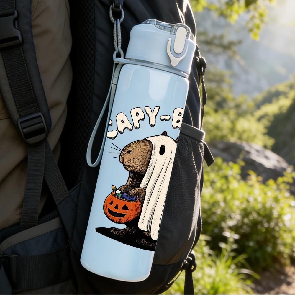 1PC Ghost Holding Pumpkin Cartoon 750ml Color Plastic Sports Water Bottle Leakproof Flip Straw Lid Suitable for Sports Office Home Use