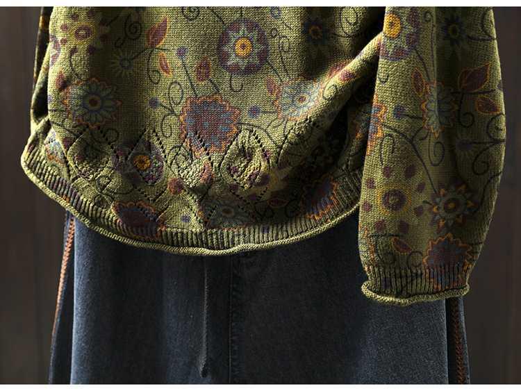 Women's Retro Floral Cotton Knit Sweater: Loose, Large, Round Neck, Pilling-Resistant Pullover for Spring & Autumn