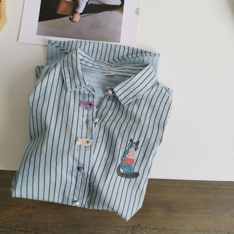 Embroidered Korean Vertical Striped Cotton Long-sleeved Design Versatile Shirt Women Autumn New