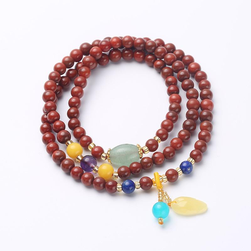 Natural Three-ring Full-bead Southern Red Agate Bracelet with a Natural-shaped Beeswax Pendant, Multi-ring Bracelet, Jewelry