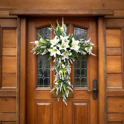 Yousheng Artificial Lily Wreath for Door Wall Faux Floral Hanging Decor for Home Garden Church Rustic Religious Ornament for Spring Easter