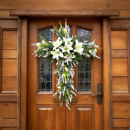 Yousheng Artificial Lily Wreath for Door Wall Faux Floral Hanging Decor for Home Garden Church Rustic Religious Ornament for Spring Easter