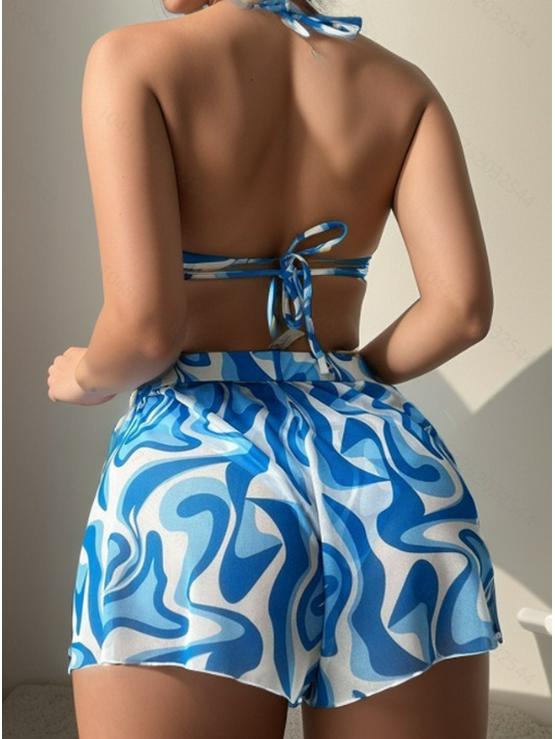 European & American Sexy Print Three-Piece Bikini Set - Women's Bandage Swimwear for Vacation