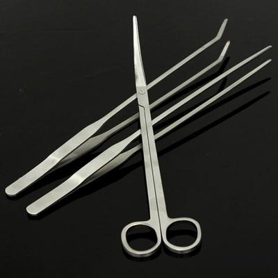 Stainless Steel Aquarium Trimming Scissors Set: Curved Shears, Curved Clips, Straight Clips – 3 Pieces.