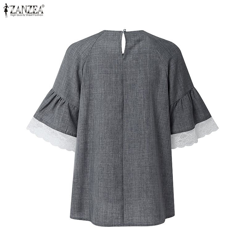 ZANZEA Blusa Feminina Casual de Renda com Gola Redonda e Meia Manga