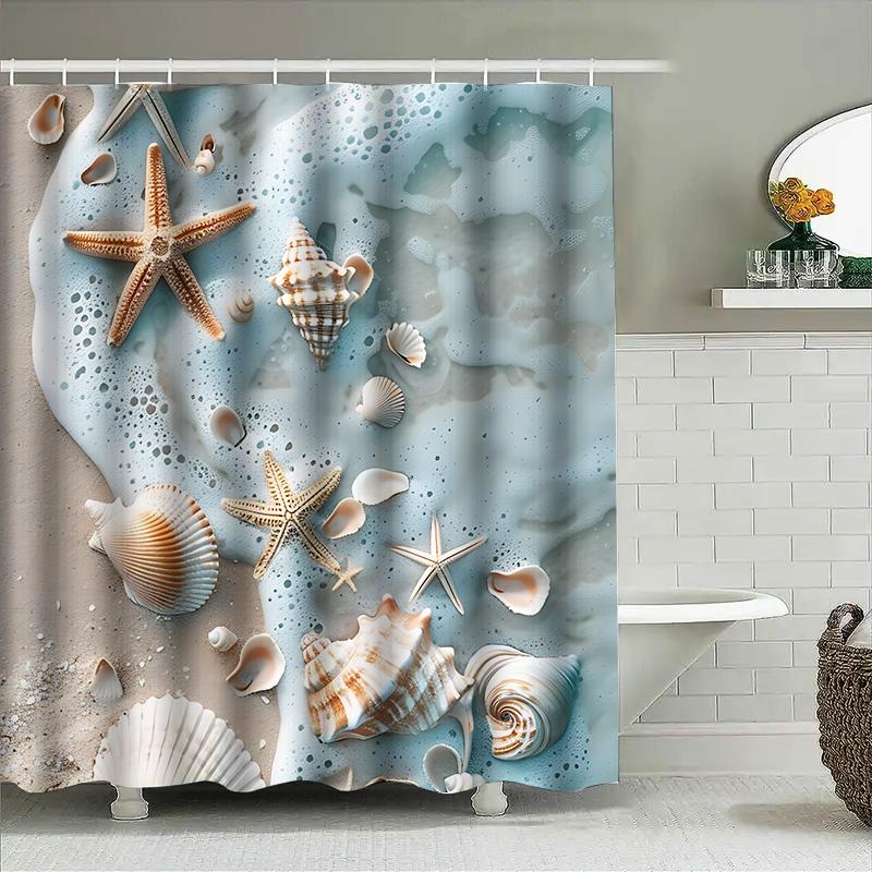 Beach Themed Shower Curtain With Sea Shells And Starfish Design - Waterproof And Durable Bathroom Decor For Coastal Home Style