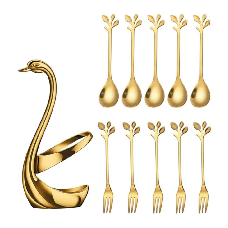 Rustproof Stainless Steel Ice Creams Spoon And Cocktails Fork Pack With Elegant Cygnet Stand Base For Gift