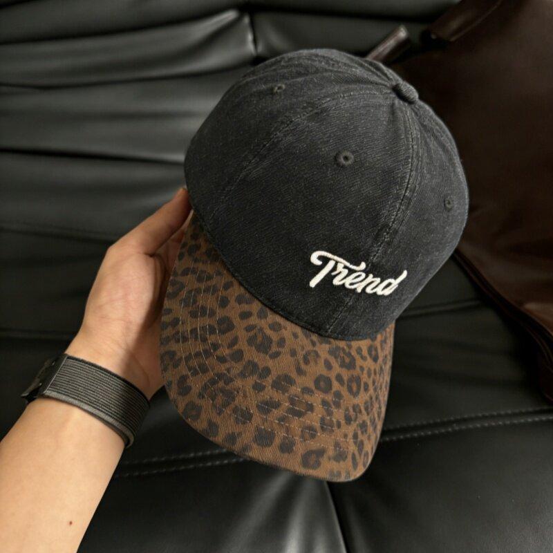 Women Denim Baseball Cap Leopard Print Brim Letter "Trend" Casual Adjustable Dad Hat Y2K Vintage Sunscreen Baseball