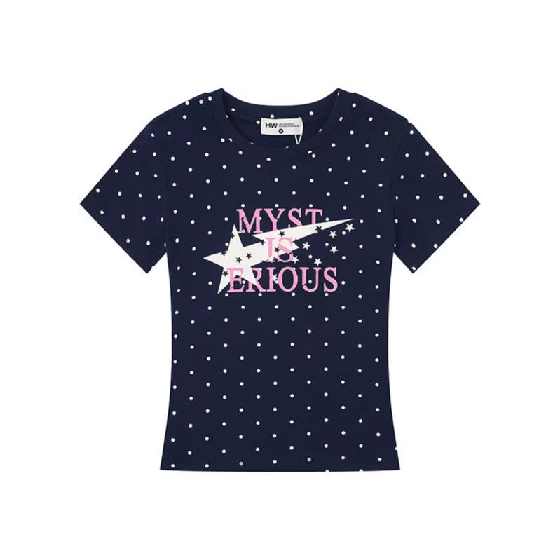 American polka dot letter printing front shoulder short sleeve women's summer new slim and thin casual T-shirt top