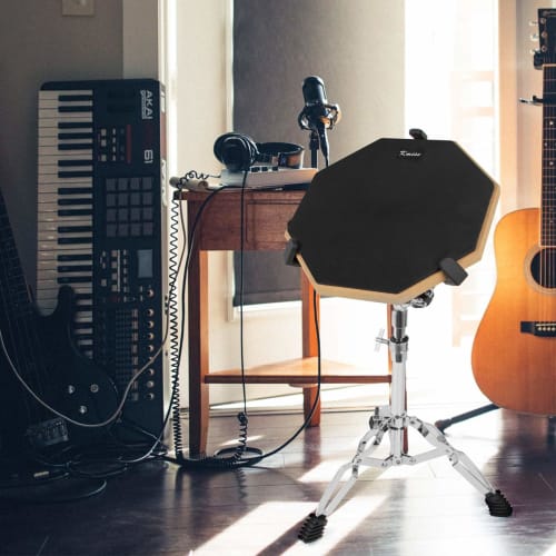 Kmise 12-inch Drum Practice Pad with Stand and Sticks, Black Rubber, Quiet and High-Rebound