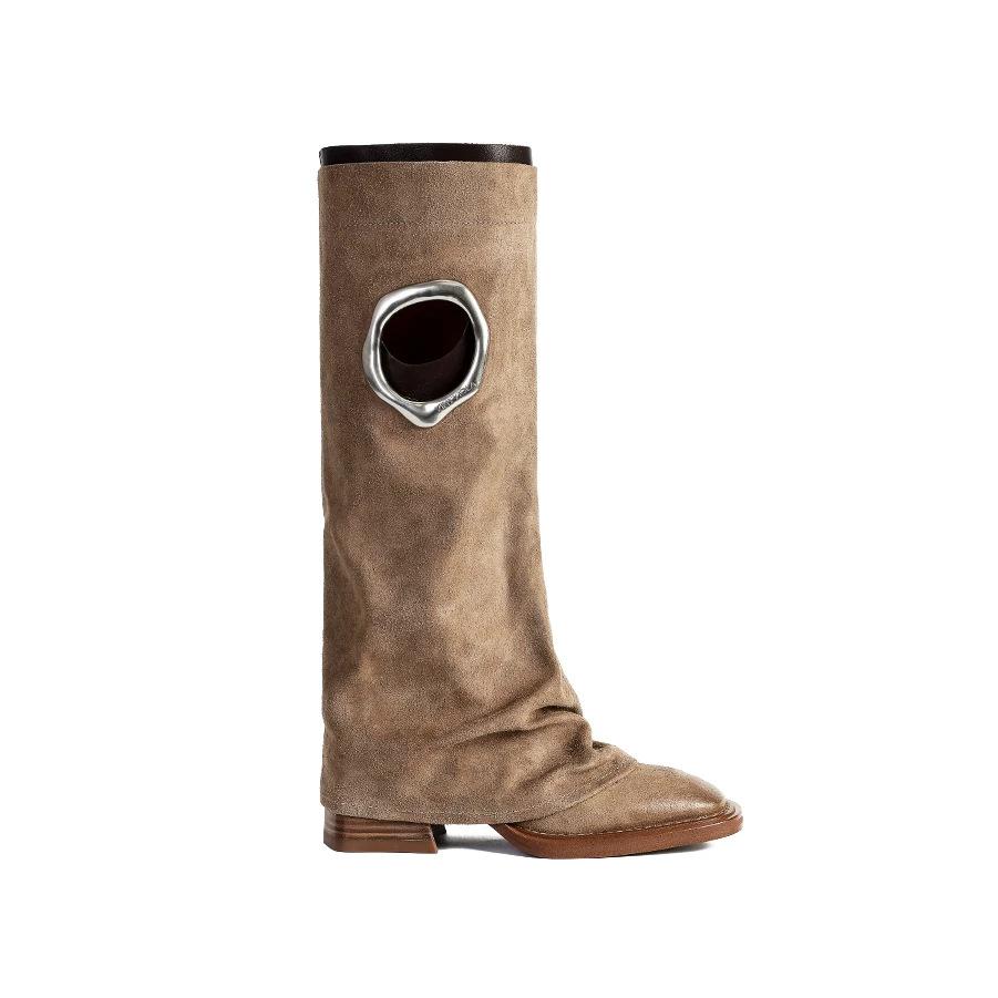 Fashion Brand Fashion 2025 New Autumn And Winter Round Head Long Boots Leather Shoes Metal Knight Boots Fold Flat Boots Punk Style