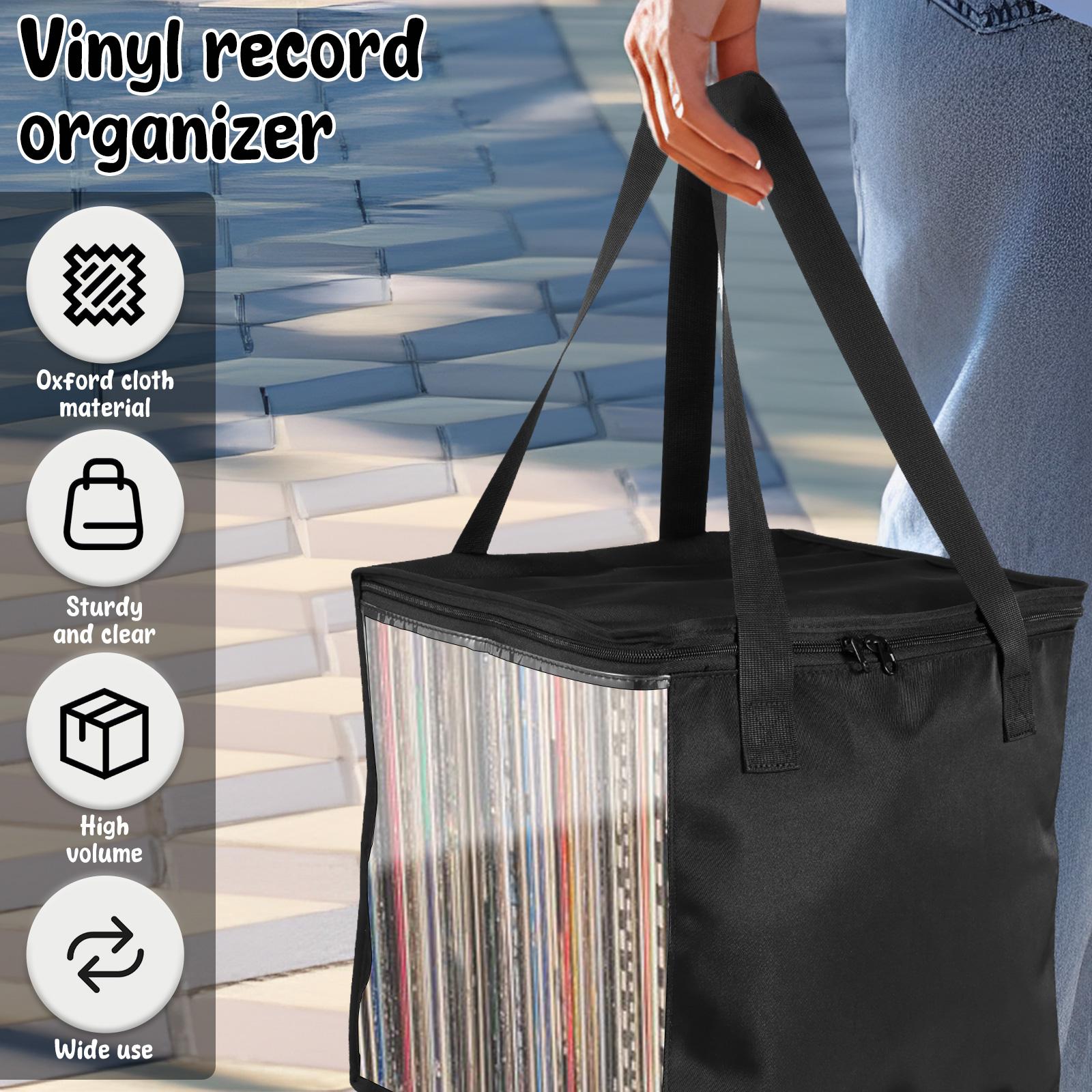 Clear Vinyl Record Carrying Bag with Handle and Lid Large Capacity Record Album Holder Holds up to 50 Vinyl Album for Collection nero