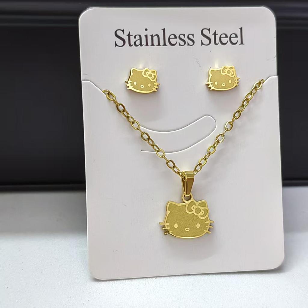 KT Cat Sweet Earrings & Necklace Set: Cute Cartoon Design for Girls