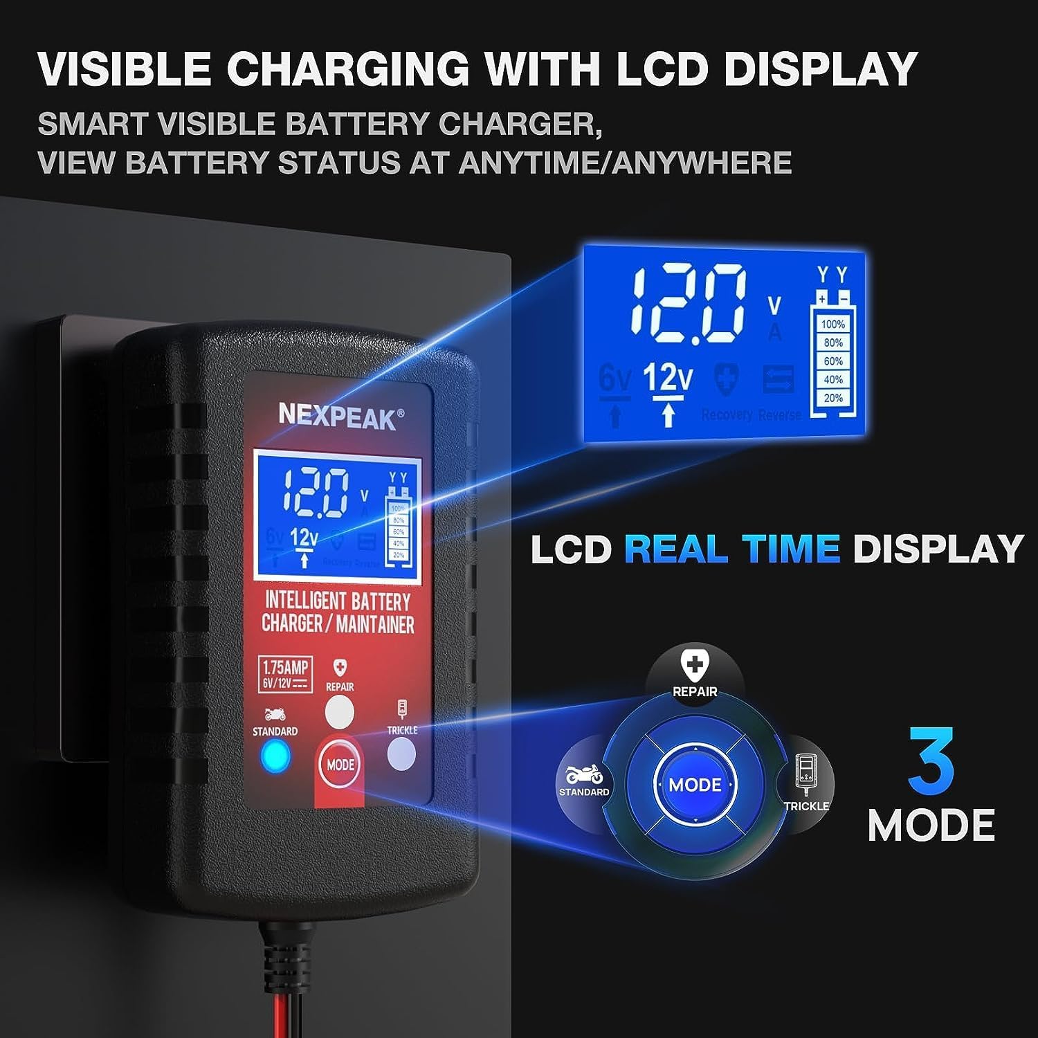 

1.75-Amp Car Battery Charger, 6V and 12V Smart Fully Automatic Battery Charger Maintainer, Trickle Charger, Battery Desulfator for Car, Lawn Mower,