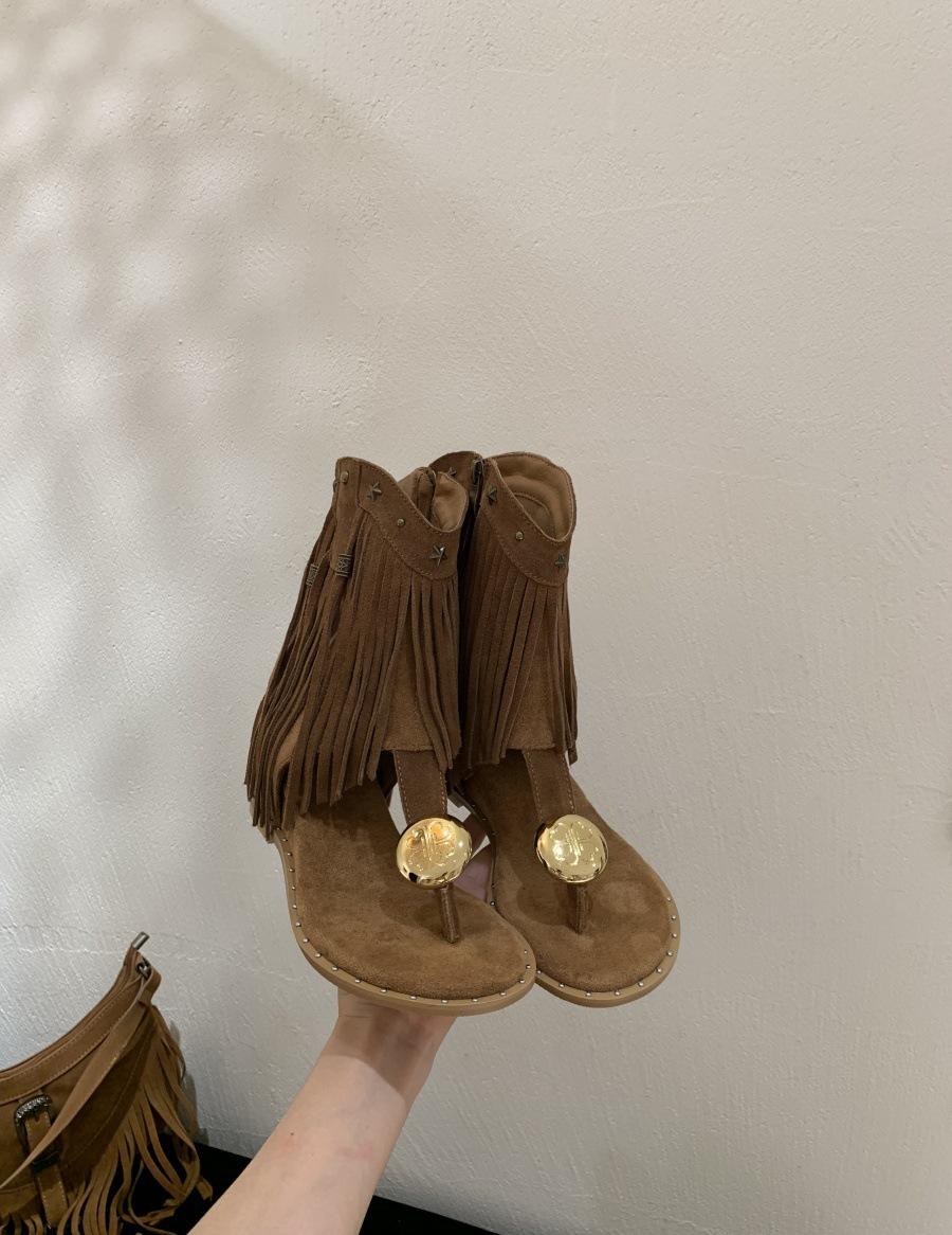 

Fashion versatile fringed Roman sandals women s 2025 summer new casual outerwear flat toe beach herringbone sandals 39 коричневый