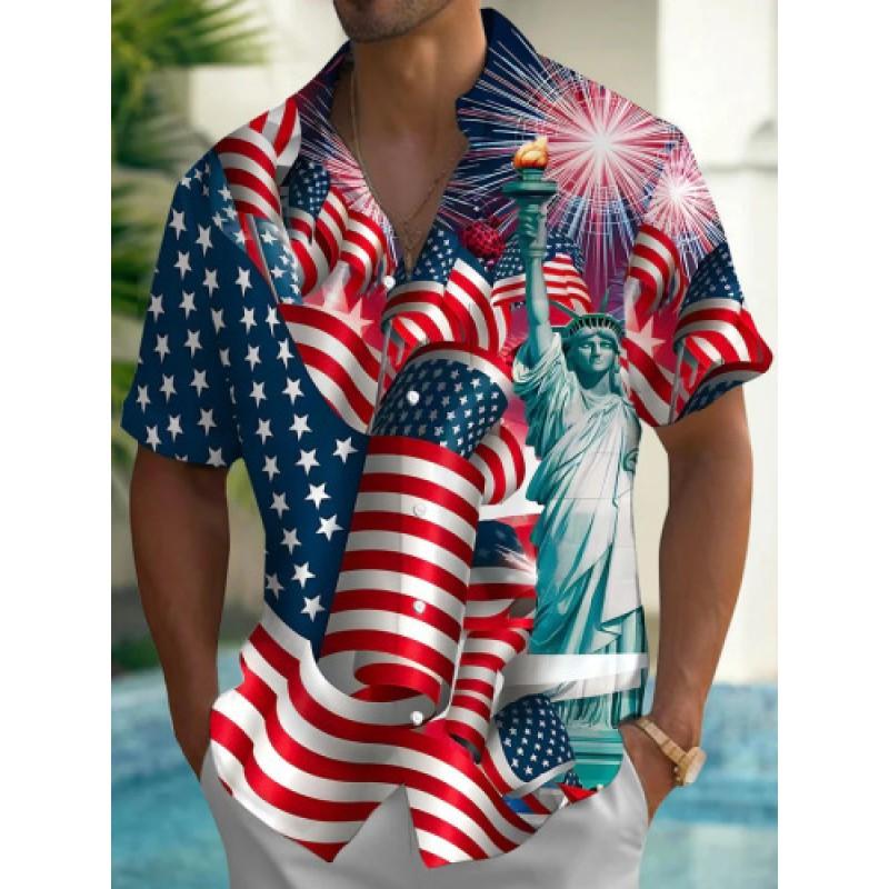 Mens Short Sleeve Casual Shirt Vintage Hawaiian Print Loose Fit Streetwear