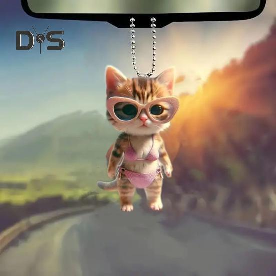 Kitten Pendant 2D Flat Acrylic Cartoon Cat Ornament Bikini Kitten with Sunglasses Keychain Pendant Christmas Tree Decor Gift for Cat Lovers