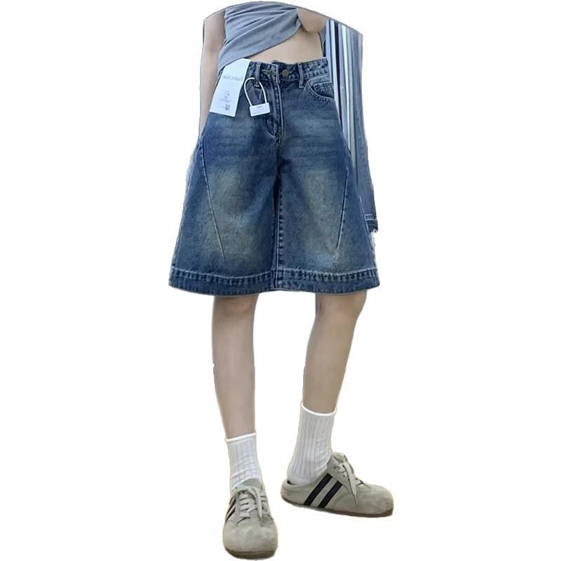Plus Size Vintage American A-line High Waist Denim Shorts for Women - Summer Slimming Wide Leg Capris