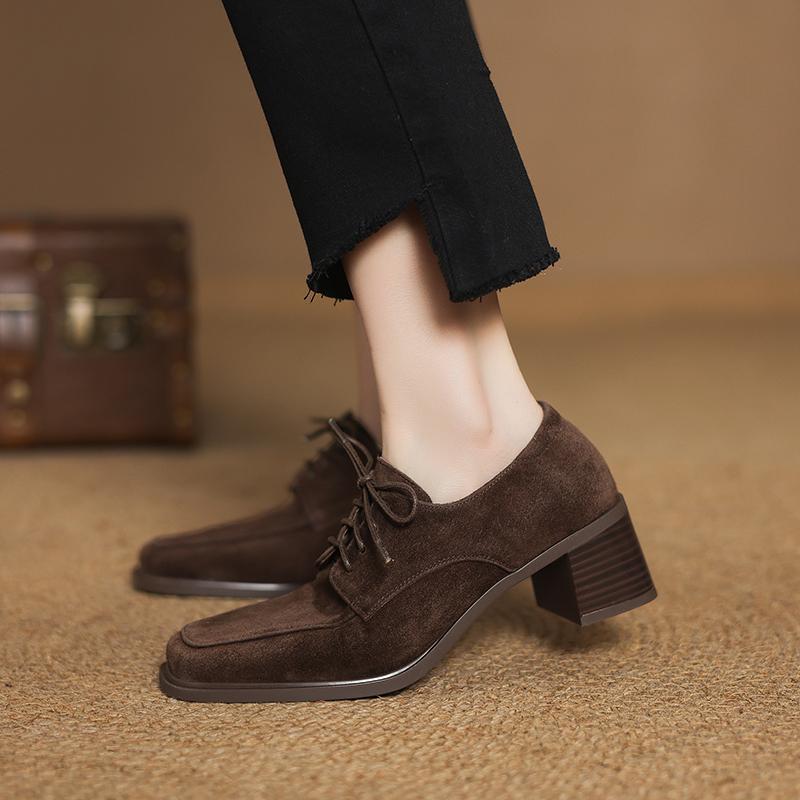 Fashion 2025 New Spring Women Pumps Kid Suede Shoes for Women Square Toe Chunky Heel Shoes Women Loafers Designer Ladies Shoes