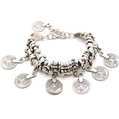 Modischer Herren Armreif Böhmisch Vintage Türkisch Silberbeschichtet Antalya Armband Zigeuner Strand Chic Festival Silbermünzarmband