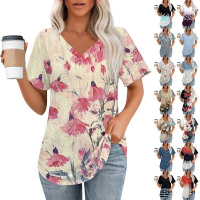 Damen-T-Shirts mit V-Ausschnitt, kurzärmelig, lässige Oberteile, lockere Passform, Basic-T-Shirts mit abgerundetem Saum