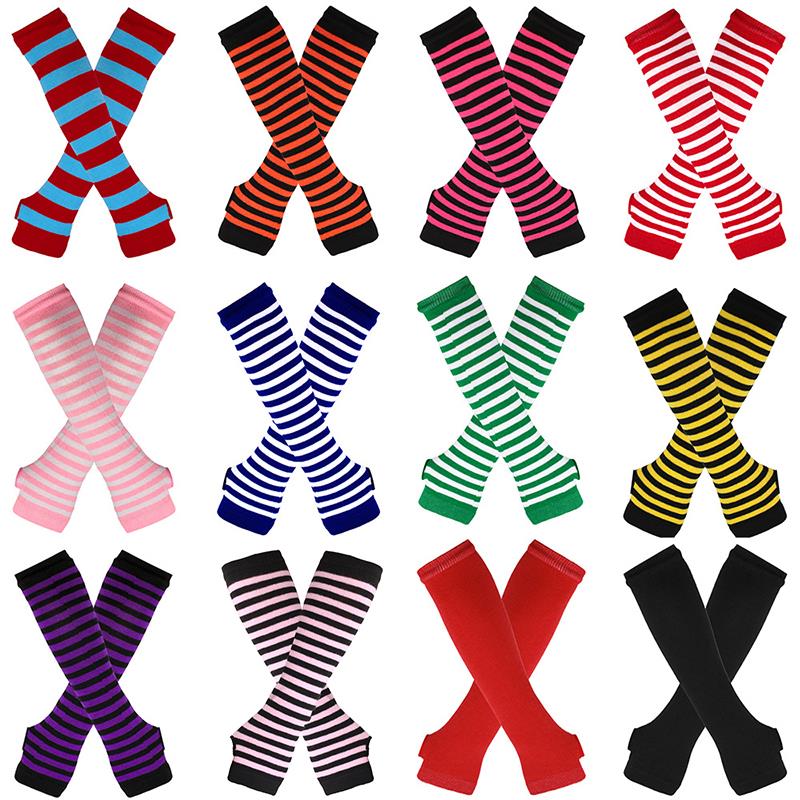Striped Elbow Gloves Women Emo Gloves Winter Warm Long Sleeves Gloves Women Fingerless Stripe Hip-Hop Knitted Elbow Mittens