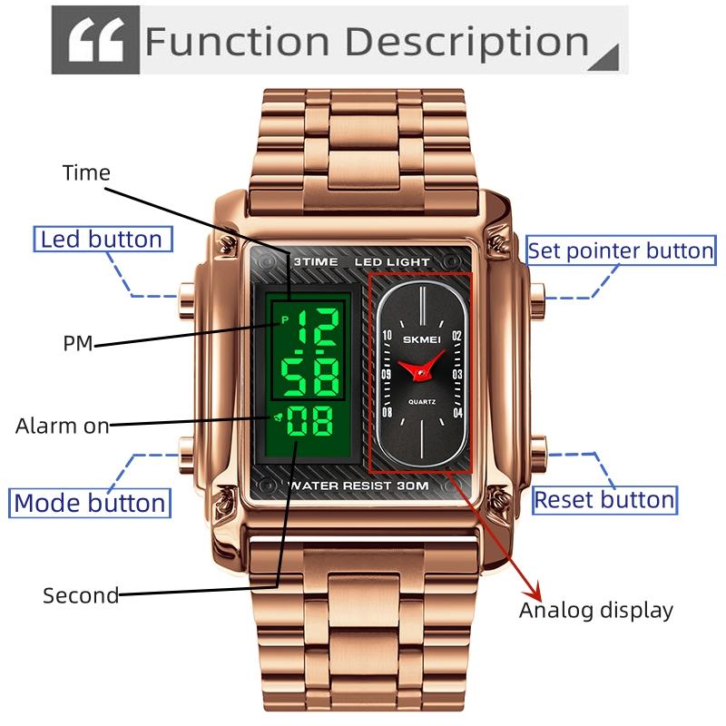 Skmei Three Time Zones Men's Digital Sport's Watches LED Waterproof Chronograph Quartz Wristwatch Male Alarm Clock