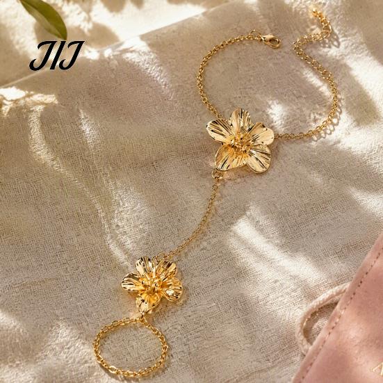 Integrated Ring Bracelet Gold Flower Hand Chain Link with Finger for Matte Gilt Women Women, Hibiscus Flowers O Bracelet, Floral Fairy Jewelry