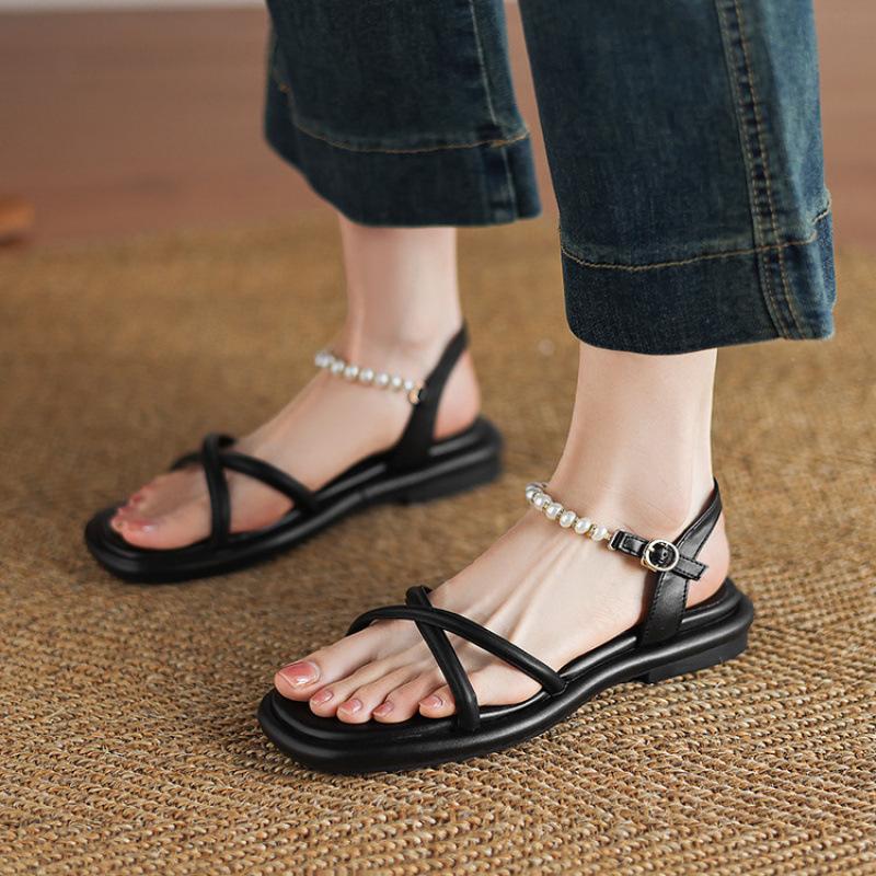Summer Women's Flat-soled Sandals New Rear Empty Word with Sandals Rubber Soft Sole Large Size Shoes Solid Color Round Head Korean Version