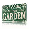 Vintage Välkommen till Vår Trädgård Metallplåtskylt Grön med Vita Bruna Blommönster Lätt att Hänga Väggdekor för Trädgården