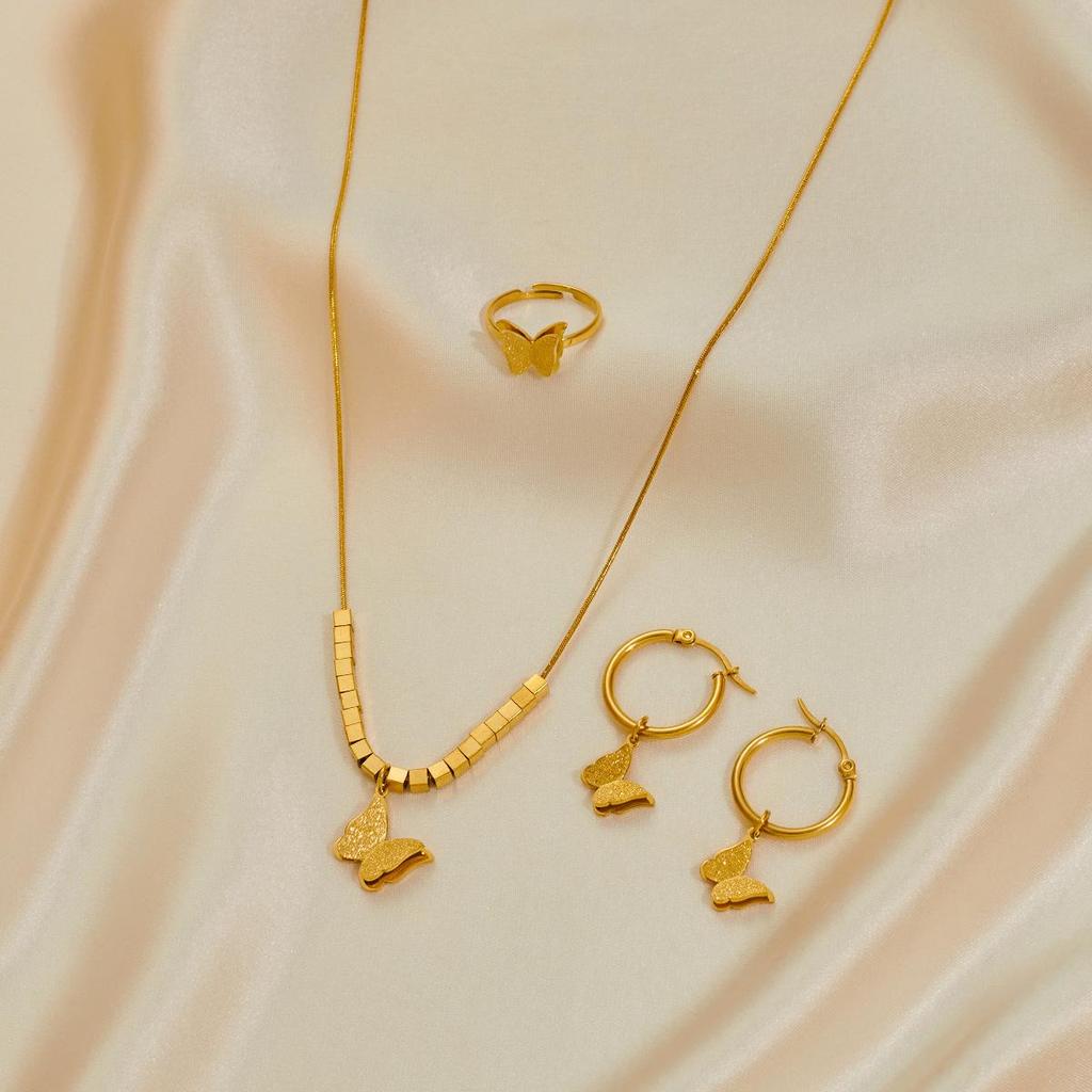 Stainless Steel Women's Jewelry Set: Non-Fading Necklace, Earrings, and Ring - Trendy Fashion Accessories