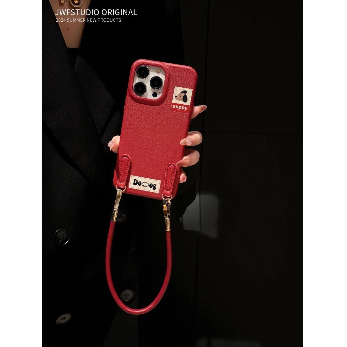 

Leather Pattern Apple 16 ProMax Mobile Phone Case IPhone 15 Pro New 13 Women 12 Soft Cover 14 Short Rope XR Slant Apple 16