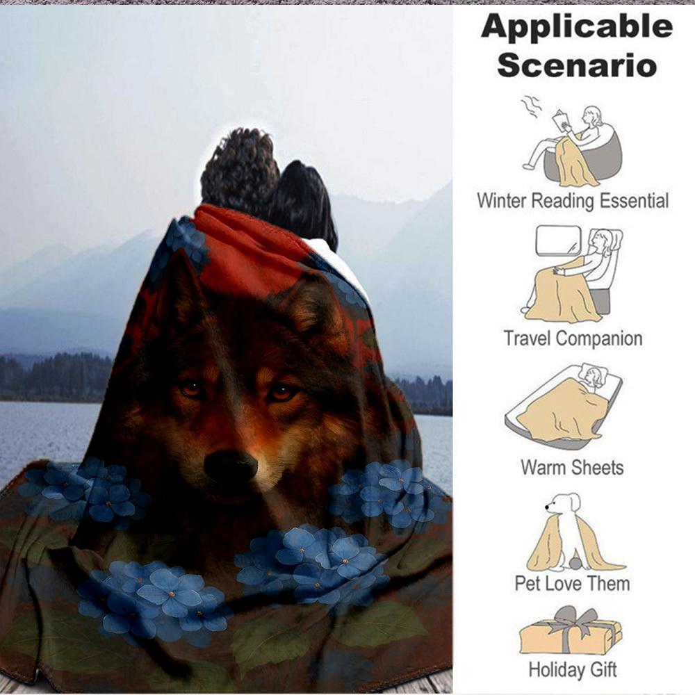 1pc Wolf, Blue Flowers Blanket - Lightweight Flannel Fleece with Digital Printing, Soft Warm for Sofa, Travel, Camping, Office yy251018258