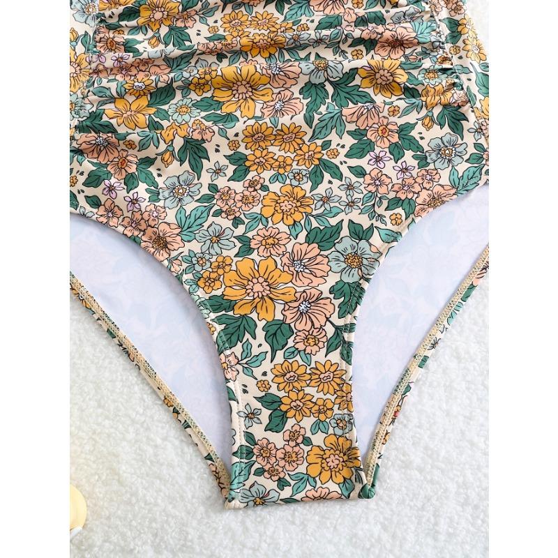 Traje de baño de una pieza con estampado floral vintage, cuello en V, control de abdomen, corte alto