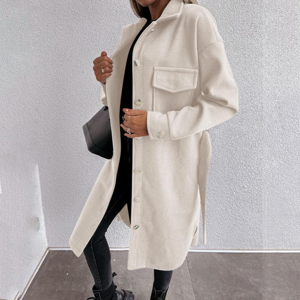 Einreihige, langärmlige Wolljacke für Damen mit einfarbigem Gürtel und Taschen