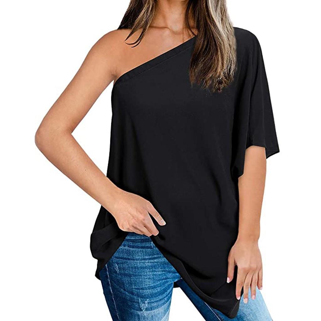 Women Off One Shoulder Oversized  Sleeve Asymmetric Summer Shirts Tops