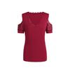 Women's Black Contrast Lace Sleeve V-Neck Short Sleeve T-Shirt Casual Chic Top with Lace Trim Button Detail Medium Stretch Versatile Tee