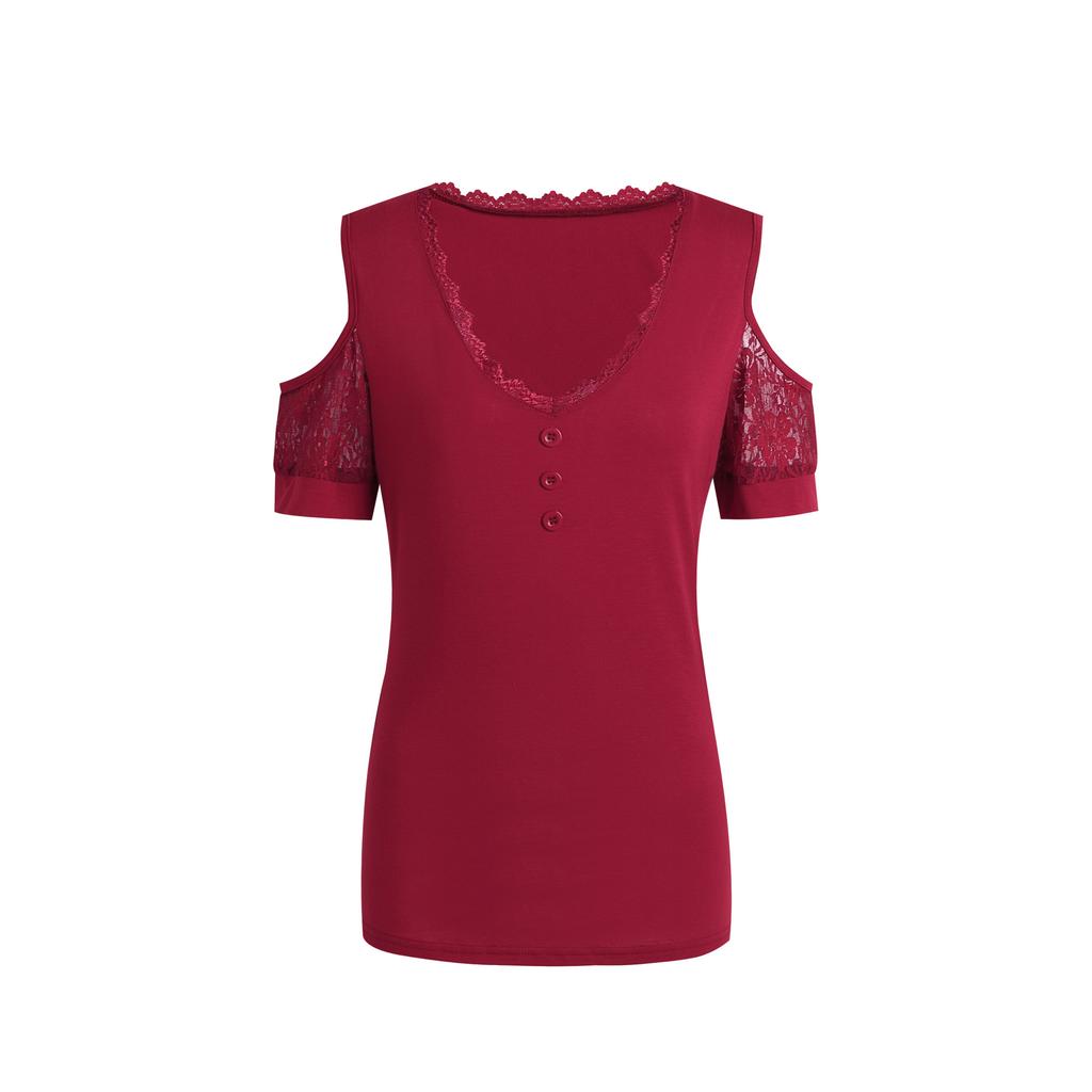 Women's Black Contrast Lace Sleeve V-Neck Short Sleeve T-Shirt Casual Chic Top with Lace Trim Button Detail Medium Stretch Versatile Tee