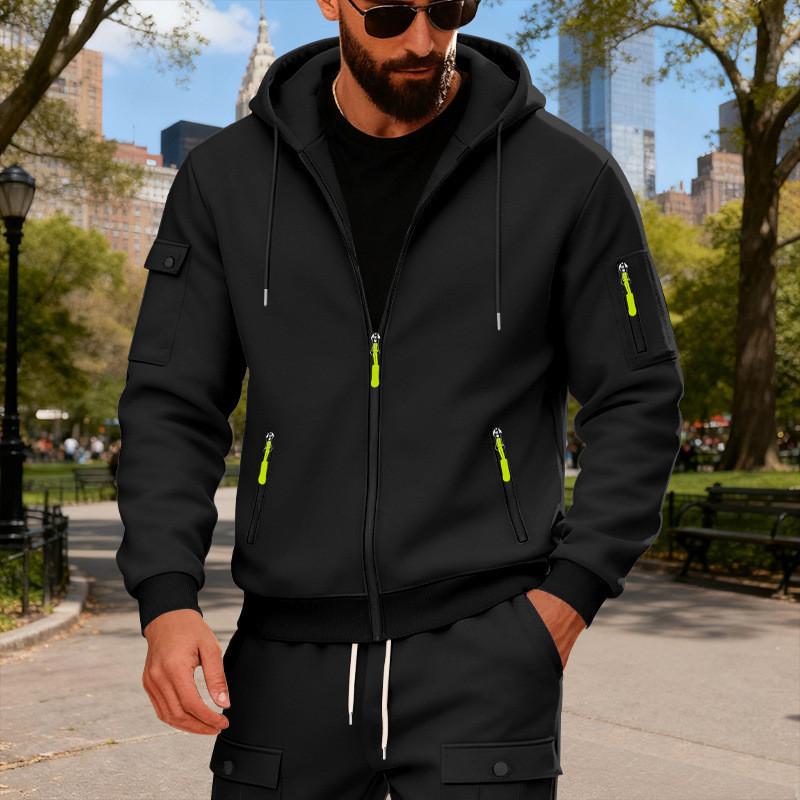 Mens Casual Hoodie With Zipper Pockets And Fleece Lining For Winter Comfort