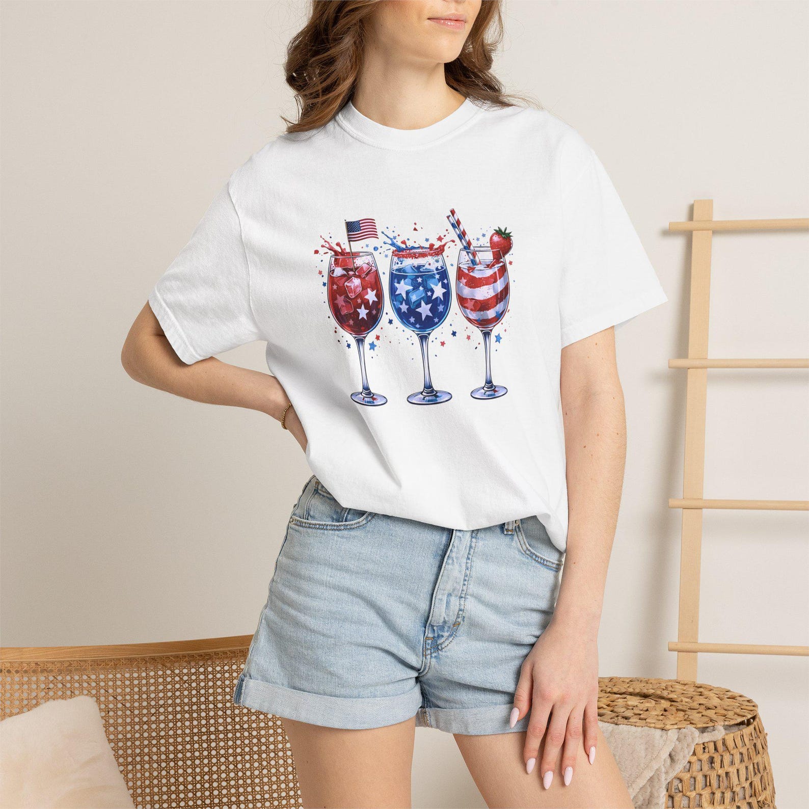 Patriotic Wine Glasses T-Shirt | American Flag Fourth of July XL